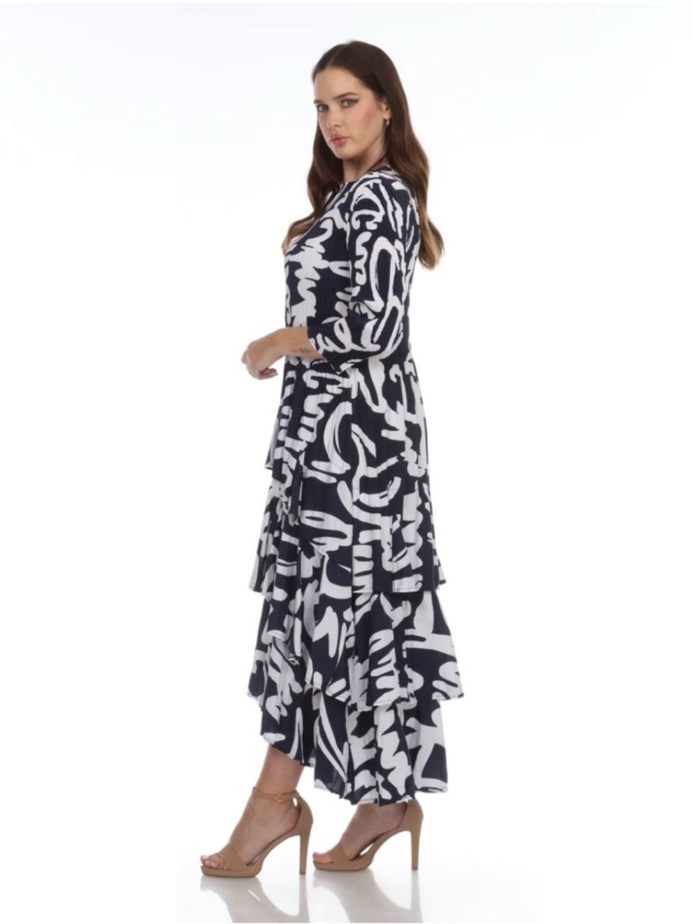 Navy Doodle Pattern Accordion Pleat High-Low Asymmetrical Tiered Modest Dress M